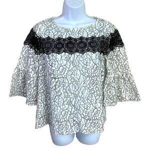 Small Ann Taylor LOFT White Lace Blouse Bell Sleeve 4 6 Peasant Semi Sheer
